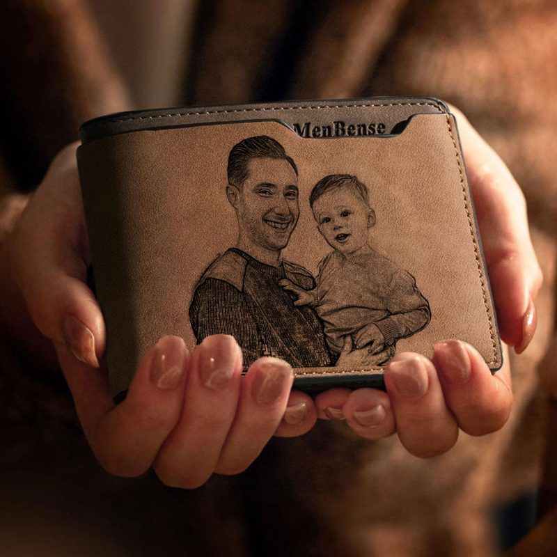Men’s Custom Photo Engraved Wallet Bifold Short Wallet Brown Gift For Dad