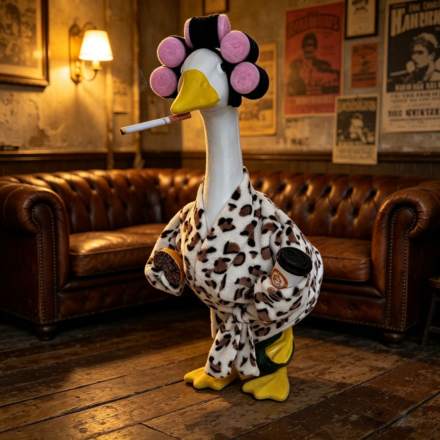 Leopard Print Bathrobe Outfit for Porch Goose Statue Funny Morning Routine Duck Costume with Hair Curlers Seasonal Porch Goose Clothes