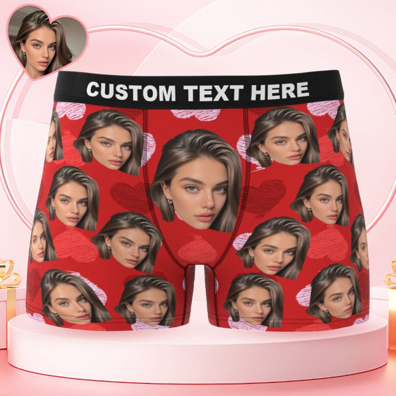 Valentine’s Day Gifts Custom Big Face Boxer Shorts Colorful Waistband Red Boxer Briefs Red and Pink Hearts Gifts For HimUS