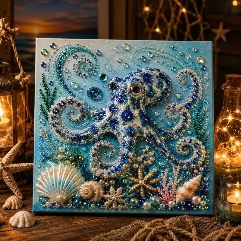 Ocean-Themed DIY Pearl & Rhinestone Mosaic Art Kit – Octopus Wall Decor for Coastal Home Styling
