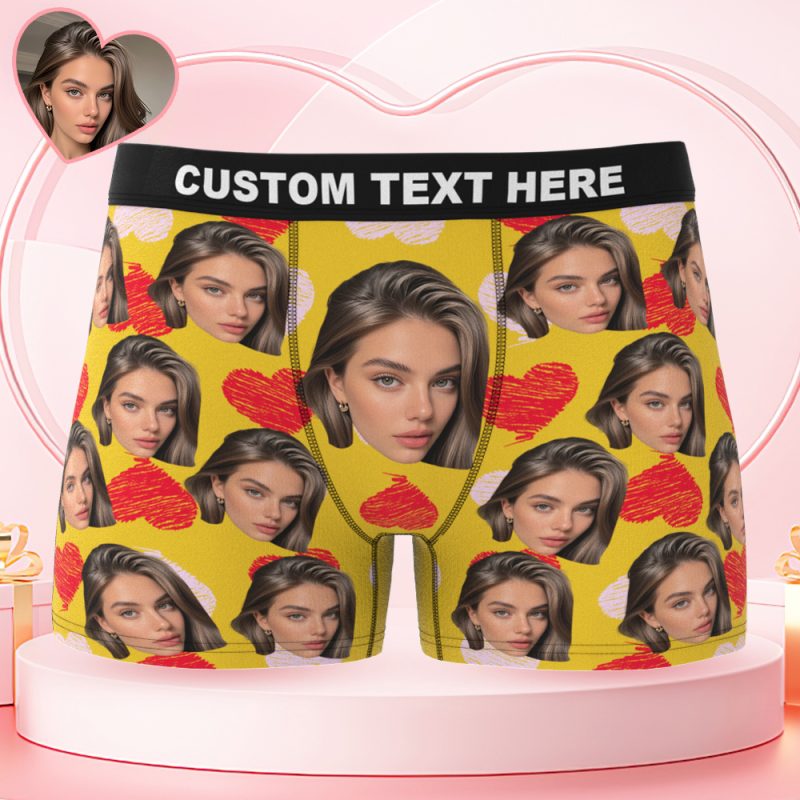 Valentine’s Day Gifts Custom Big Face Boxer Shorts Colorful Waistband Yellow Boxer Briefs Red and Pink Hearts Gifts For HimUS