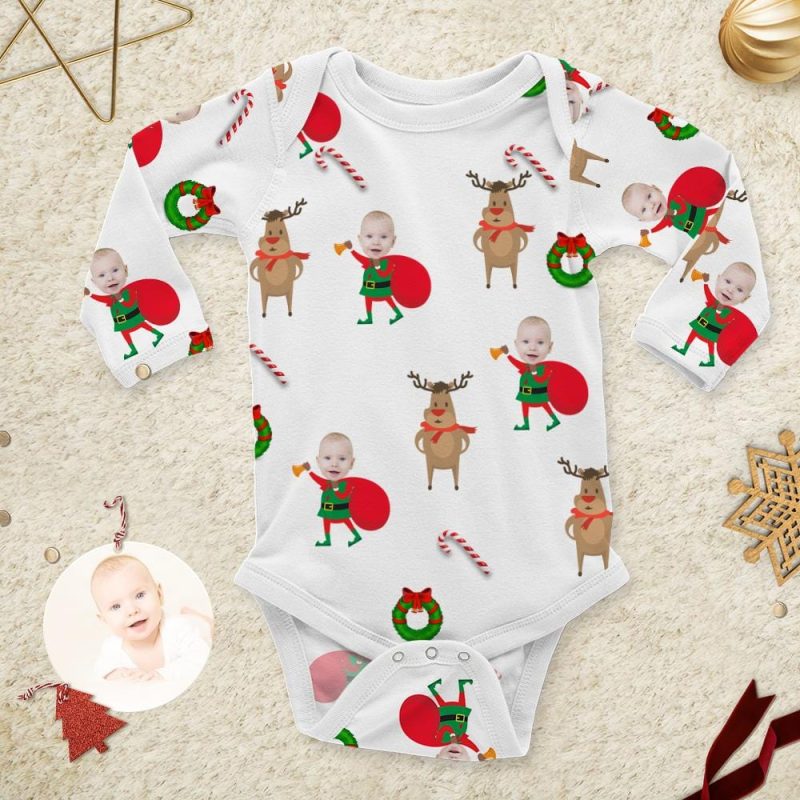 Custom Newborn Onesie Long Sleeve Onesie Christmas Elf Pattern Newborn Christmas Gifts