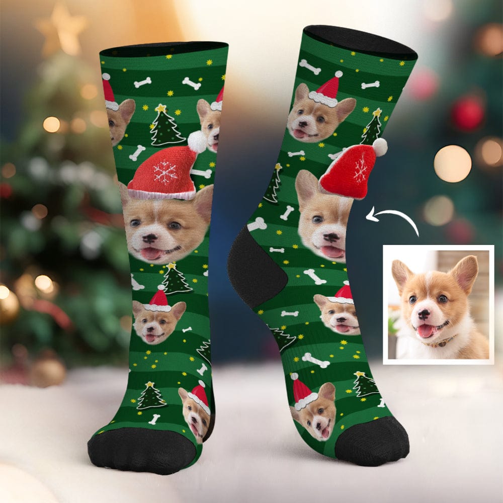 Custom Dog Face Socks Personalized 3D Santa Hat Green Socks Christmas Gifts