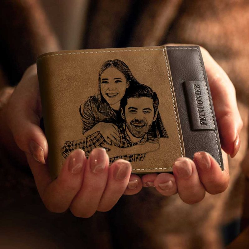 Anniversary Gifts – Men’s Custom Photo Engraved Wallet RFID Blocking Wallet Brown Personalized Wallets Wedding Gifts to Groom from Bride