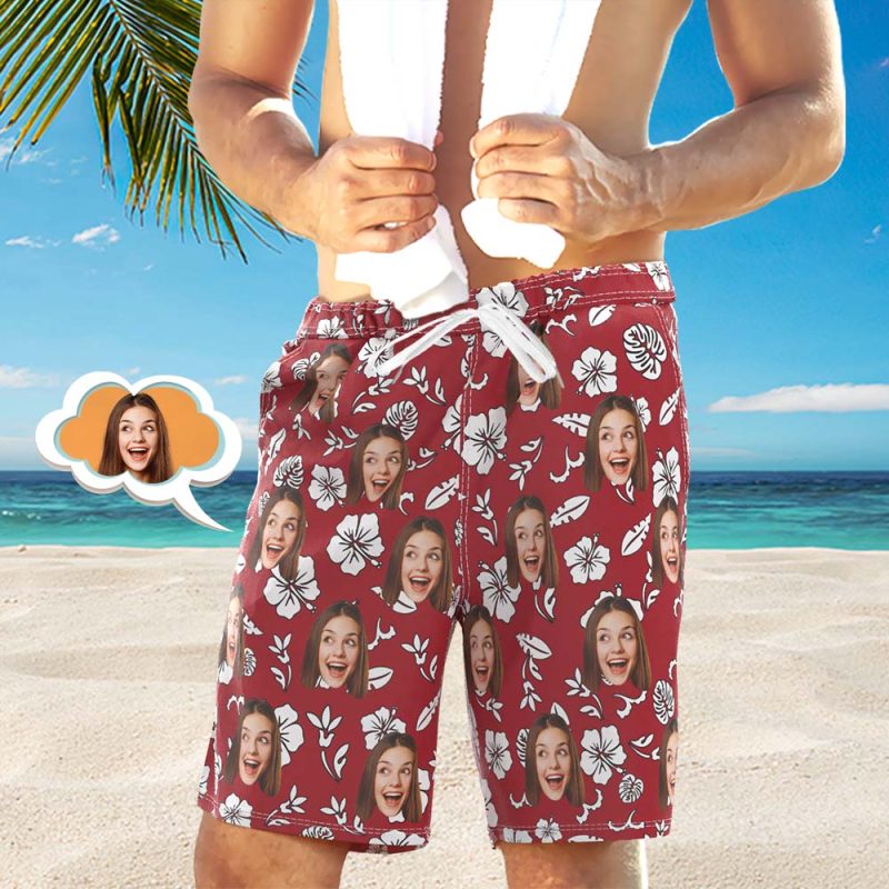 Men’s Custom Face Beach Trunks All Over Print Photo Shorts Red