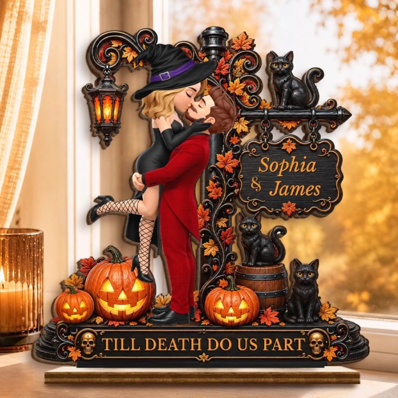 Personalized Halloween Couple Wooden Ornament Custom Names Figurine Ornament Pumpkin Black Cat Desktop Sign Halloween Anniversary Couple Gift 8
