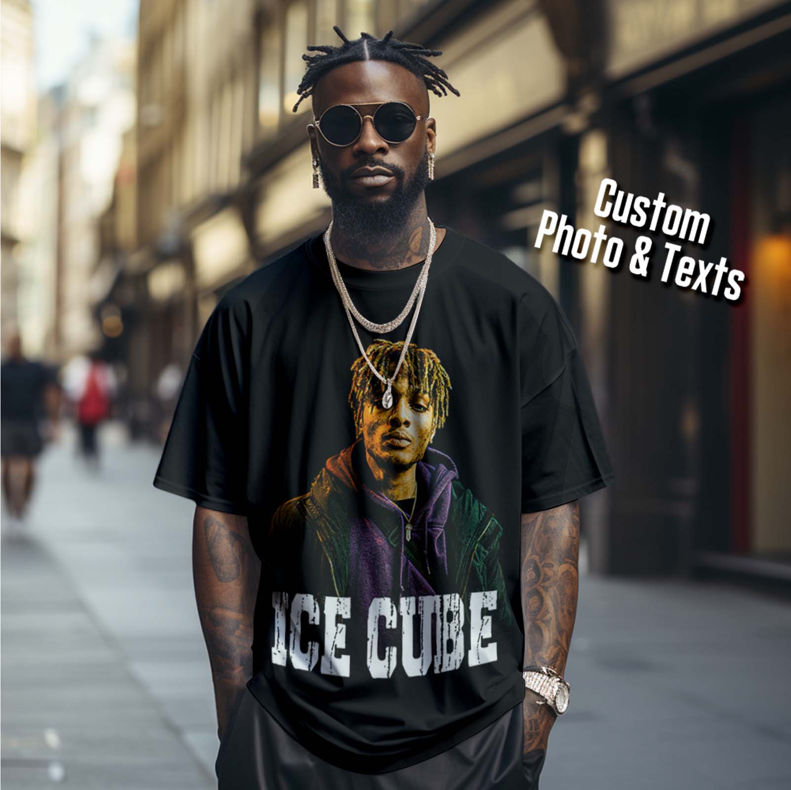 Custom Photo Vintage T-shirt Personalized Portrait Fashion Rap Tee with Name