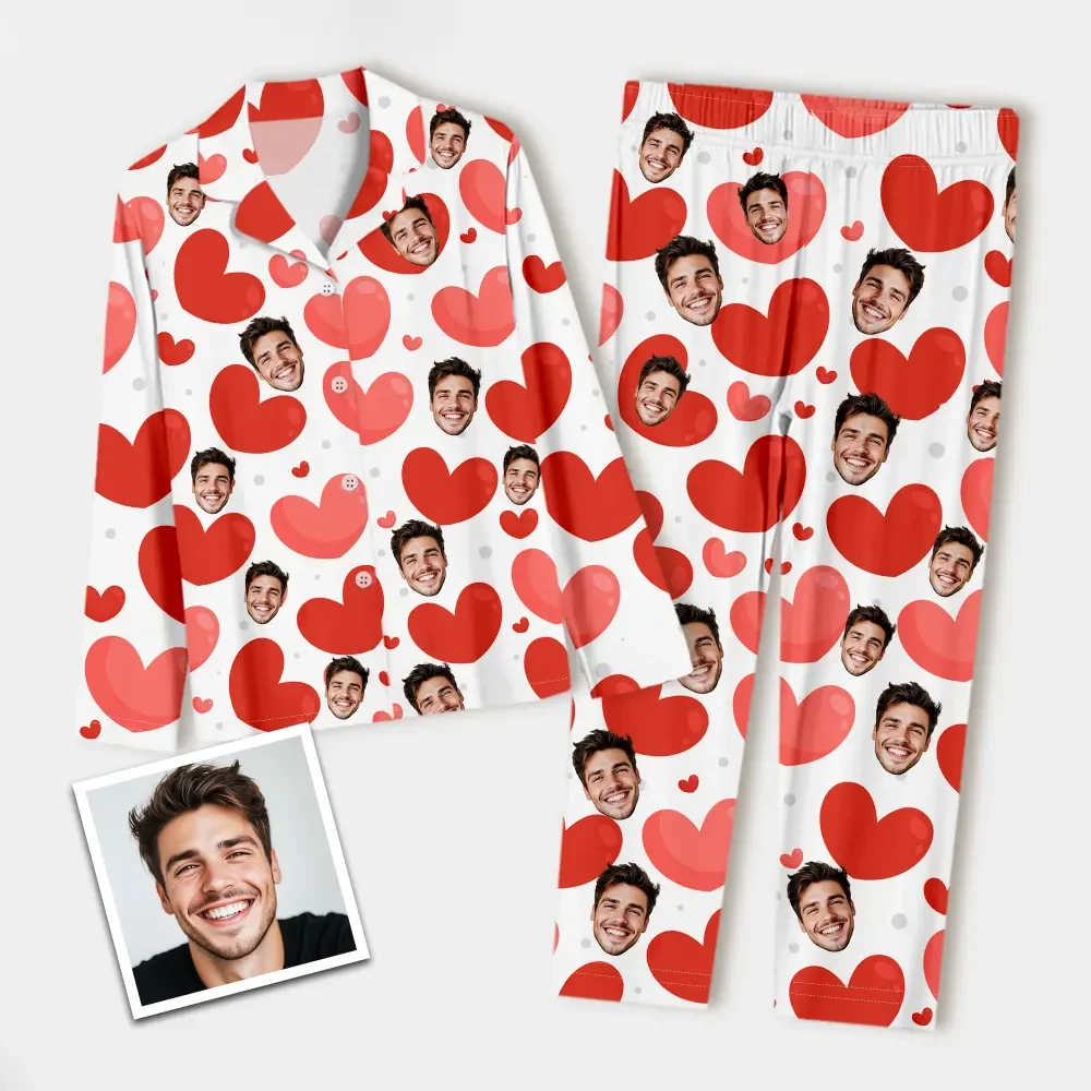 Custom Face Long Sleeve Pajamas Red Heart Couple Pajamas - Image 2