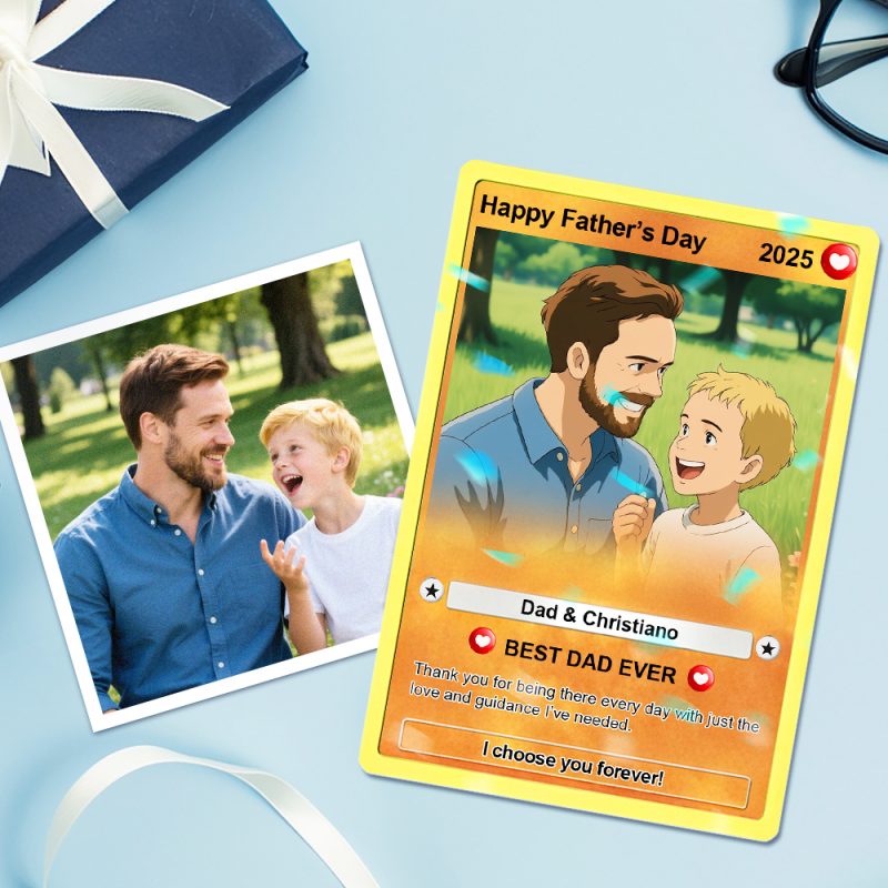 Personalized Father’s Day Gift For Dad, Fathers Day Anime Card, Custom Photo Trading Anime Card, Gamer Dad Gift From Kids, Gift For HusbandUS