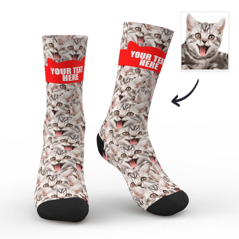 Custom Photo Socks Funny Cat Face Mash With Your Text Socks