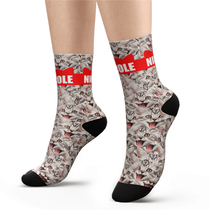 Custom Photo Socks Funny Cat Face Mash With Your Text Socks
