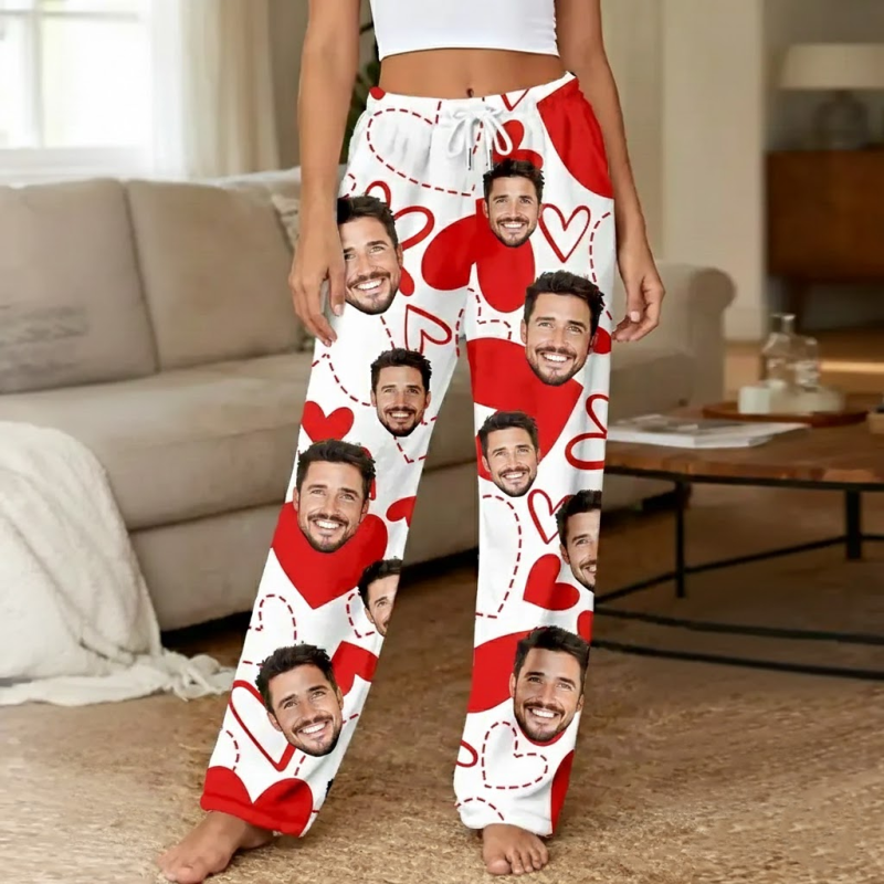 Custom Pajamas Pants White Base Hollow Dotted Line Solid Heart Valentine’s Gift for Her
