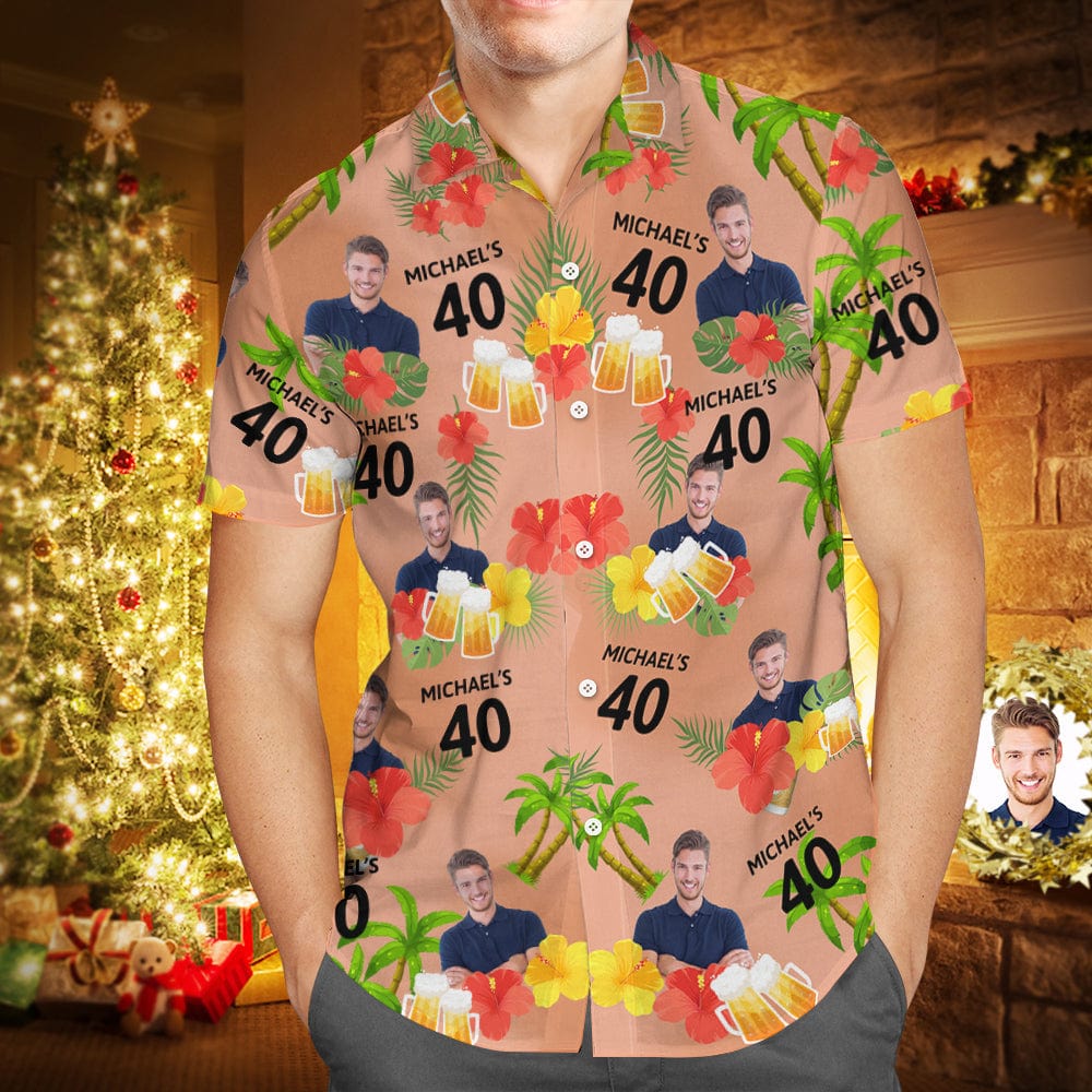 Custom Date and Name Face Hawaiian Shirt Birthday Hawaiian Shirt Red Flower and Palm Tree Shirt
