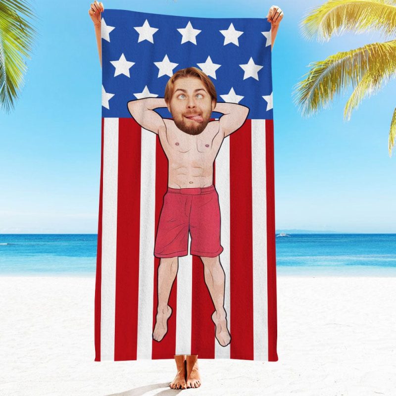 Custom Face Beach Towel Personalized Flag Style Beach Towel Funny Gift for Summer