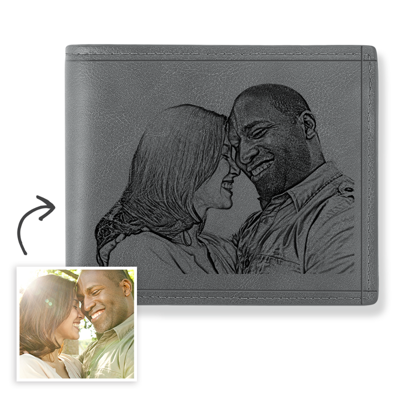 Men’s Custom Photo Engraved Wallet Grey Leather