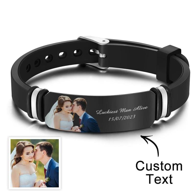 Custom Men’s Photo Engraved Bracelet Wedding Gift For Anniversary Newly Married Couple Personalised Bracelet Black Filter And Color Printing Style