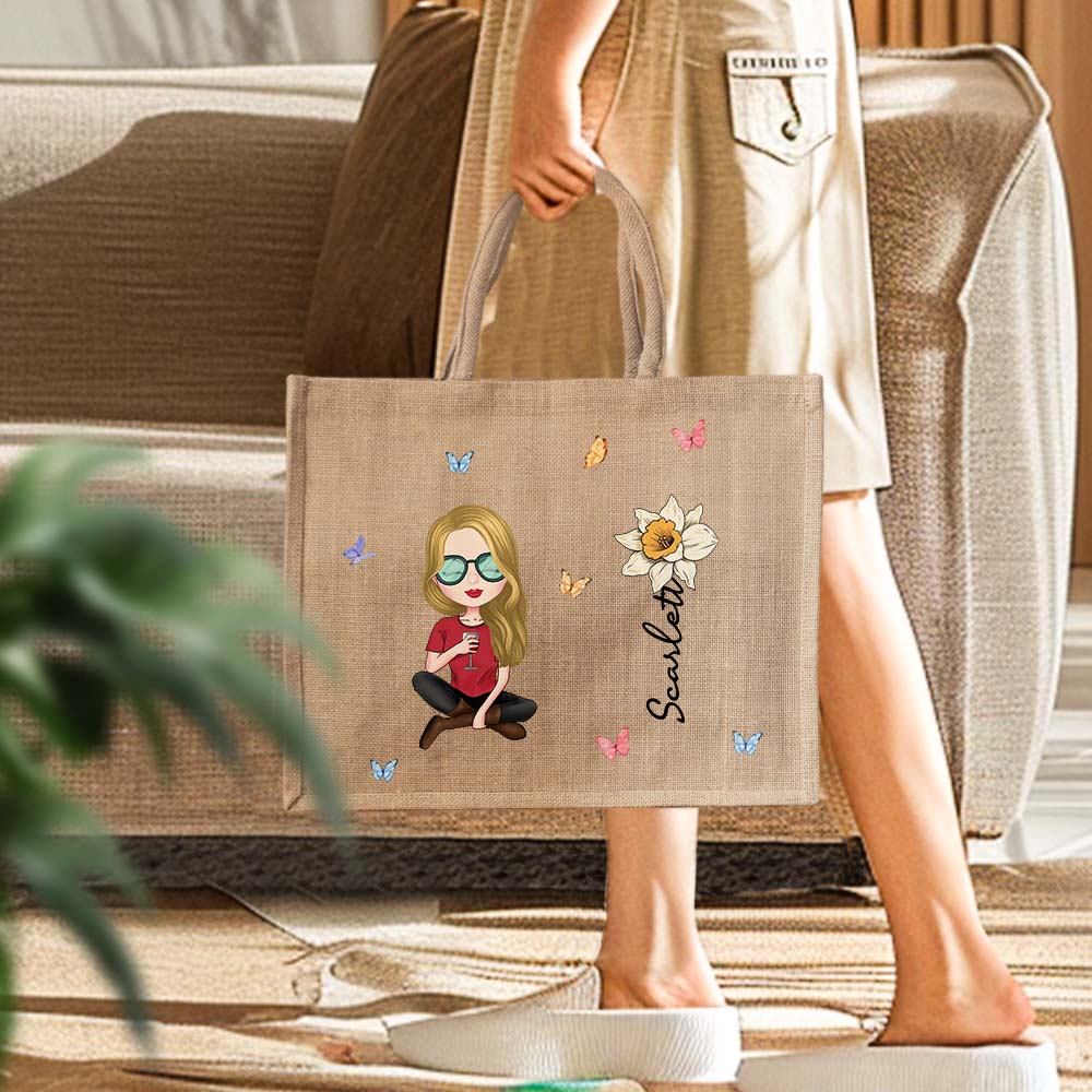 Personalized Cartoon Women Girl Birth Flower Jute Tote Bag with Name Wedding Birthday Gift for Her - Image 2