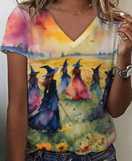 Women’s Midsummer Witches Gather V Neck T-Shirts U Neck T-Shirts Halloween Gifts