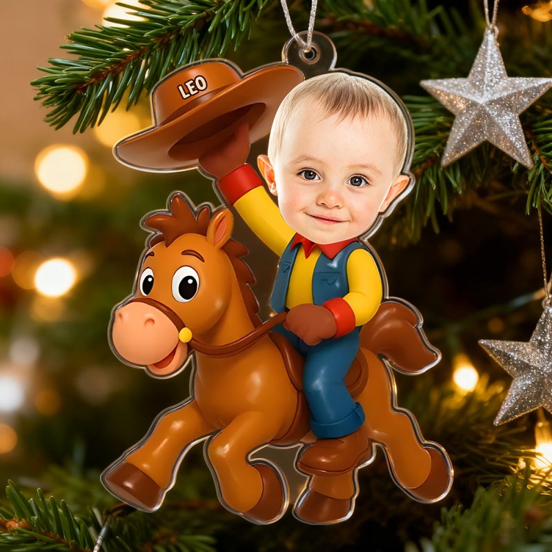 Personalized Christmas Photo Acrylic Ornament – Little Cowboy Adventure Time