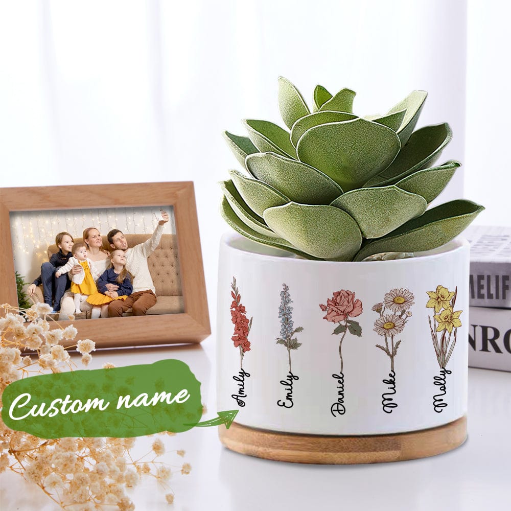 Custom Birth Month Flowers Planter Pot Personalized Name Ceramic Succulent Plant Pot - Image 2