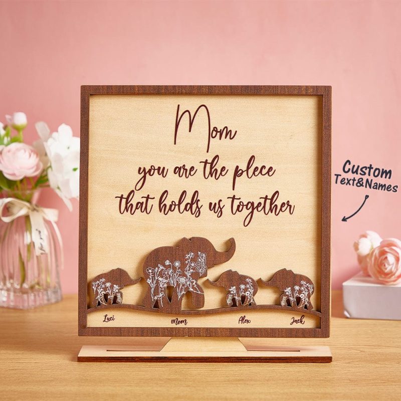 Custom Mama and Baby Elephants Wooden Sign Personalized Wooden Home Decorations Mother’s Day Gift