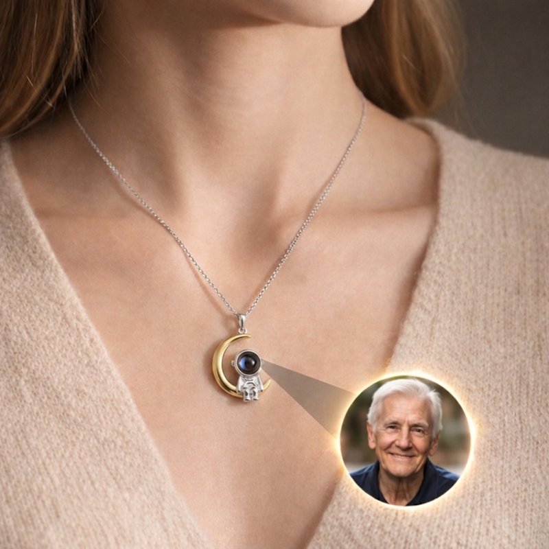 Custom Photo Projection Astronaut Moon Necklace, Personalized Memorial Jewelry for Loved Ones