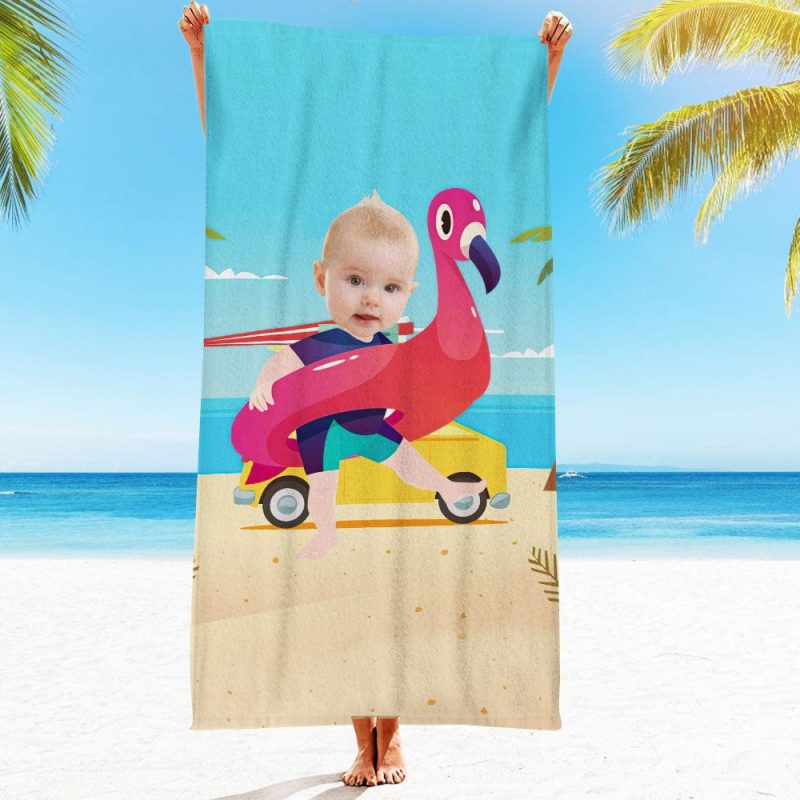 Custom Face Beach Towel Personalized Flamingo Swim Ring Boy Beach Towel Funny Gift for Summer
