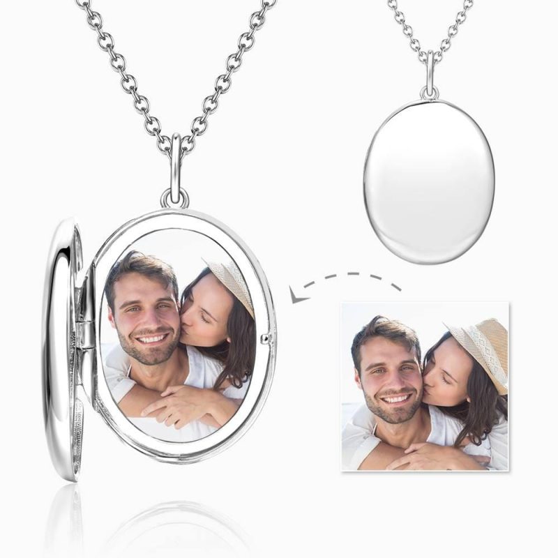 Photo Locket Necklace With Name Oval Platinum Plated