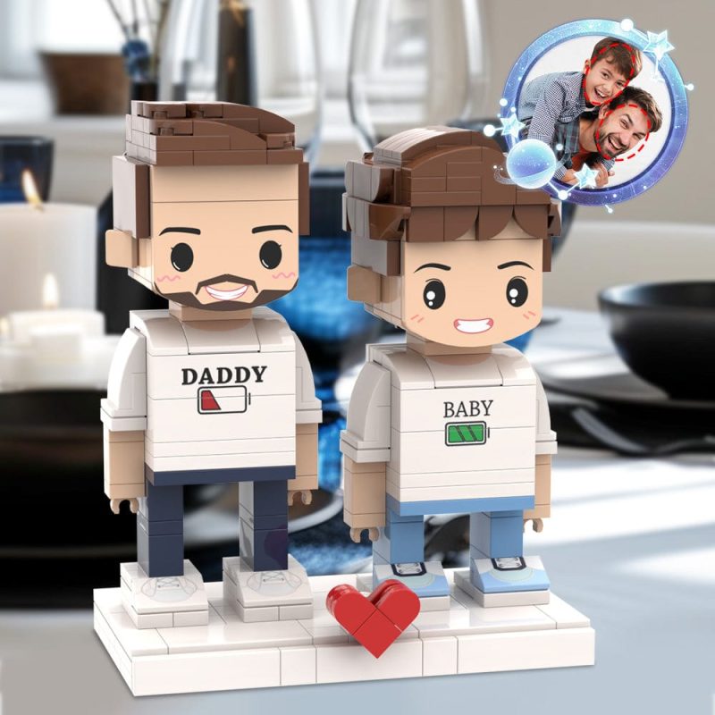 Personalized 2 Heads Brick Figures Matching Shirt Battery Low for Daddy Father’s Day Gift