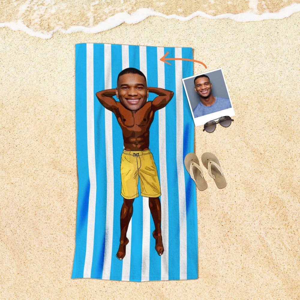 Custom Face Beach Towel Personalized Muscle Guy in Yellow Shorts Beach Towel Funny Gift for Summer - Image 2