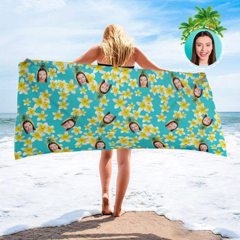 Personalized Beach Towels with Photo Custom Pineapples and Flowers Beach Towel
