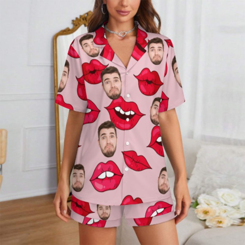 Custom Face Short Sleeve Pajamas Custom Red Lips Photo Pajamas Suit