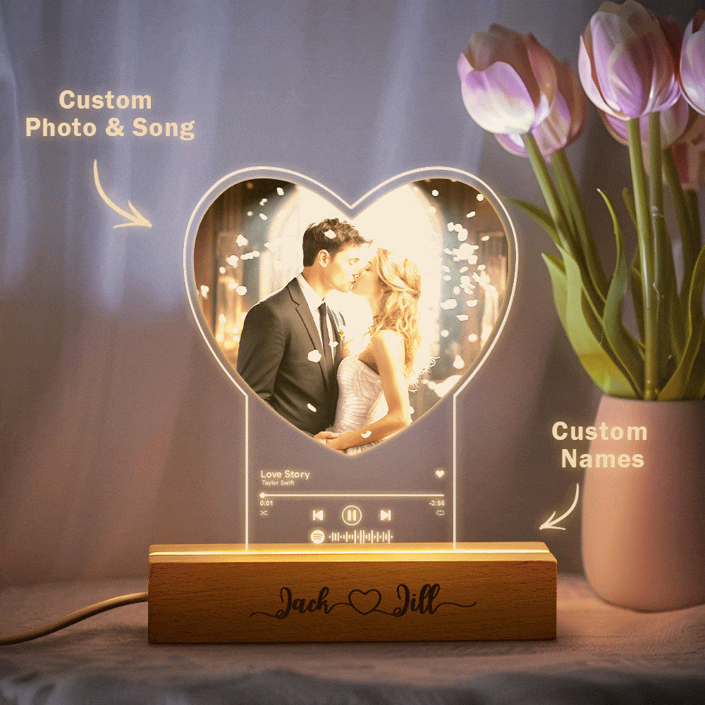 Personalized Photo Heart Shaped Acrylic Lamp Custom Night Light with Engraved Wood Base Gift for Couple - Image 2