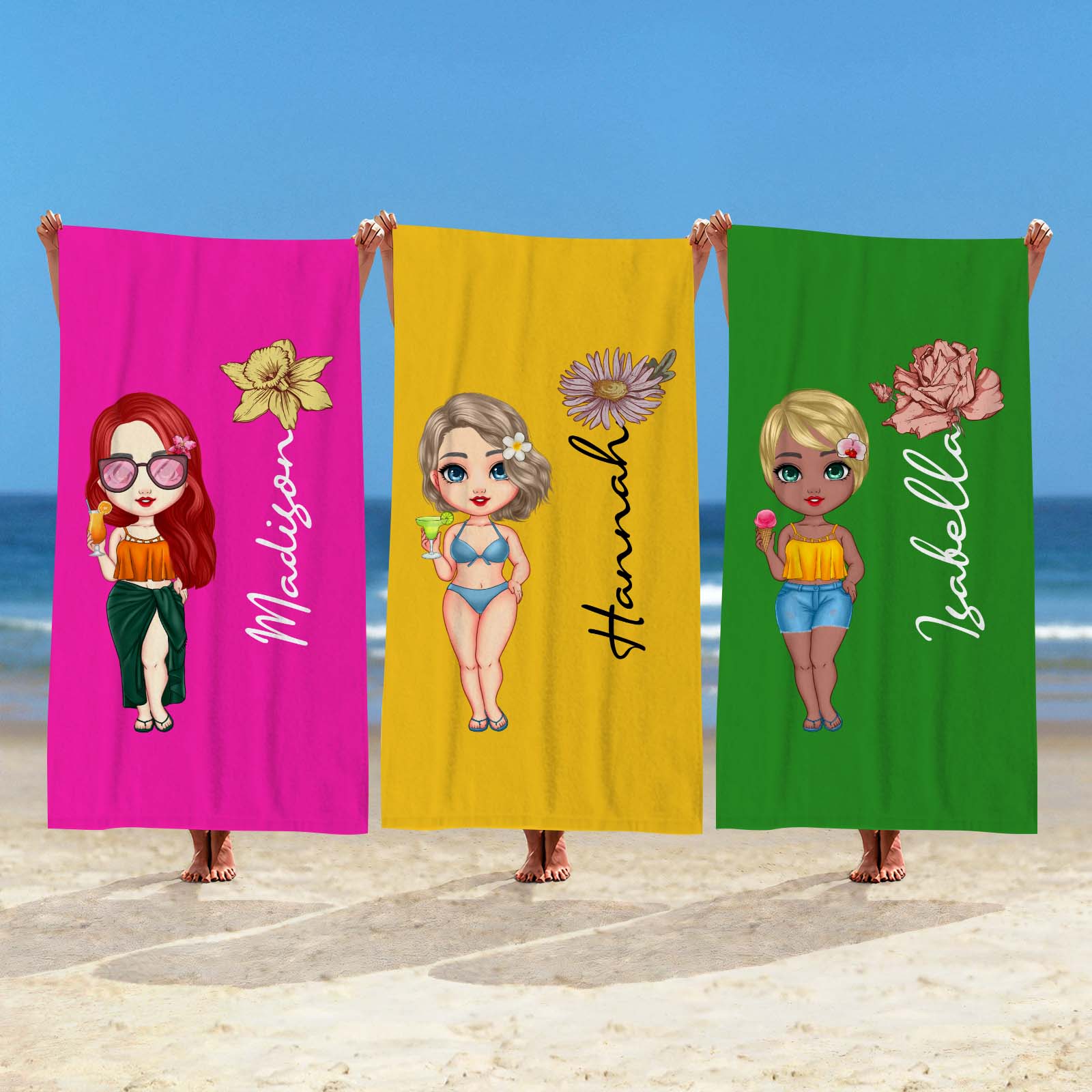 Custom Cartoon Women Girl Birth Flower Multicolor Beach Towel Personalized Name Vacation Beach Towel Gift for Friend - GiftLab - Image 2