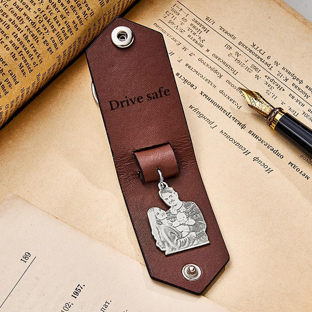 Custom Photo Leather Keychain With Text Annivesary Gifts For Men - Image 2