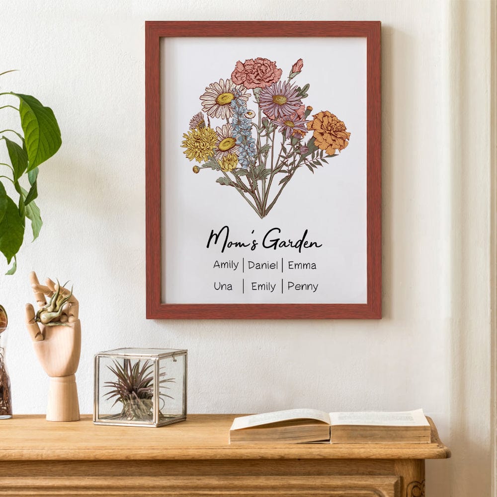 Personalized Birth flower Bouquet Red Wood Names Frame Gift for Mom