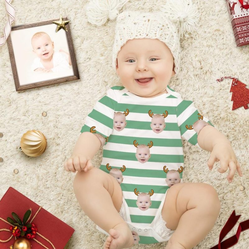 Custom Christmas Newborn Onesie Antler Stripe Printed Newborn Christmas Gifts