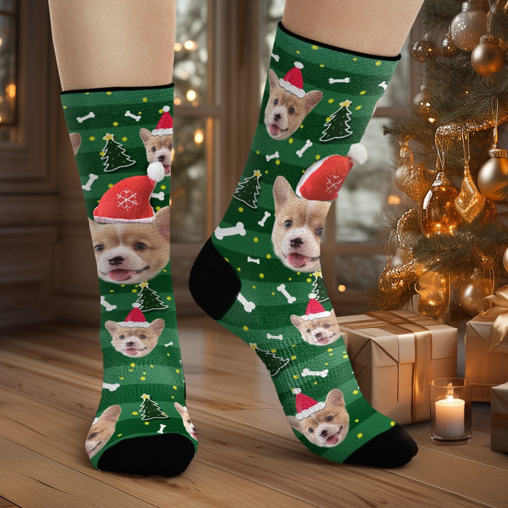 Custom Dog Face Socks Personalized 3D Santa Hat Green Socks Christmas Gifts - Image 2