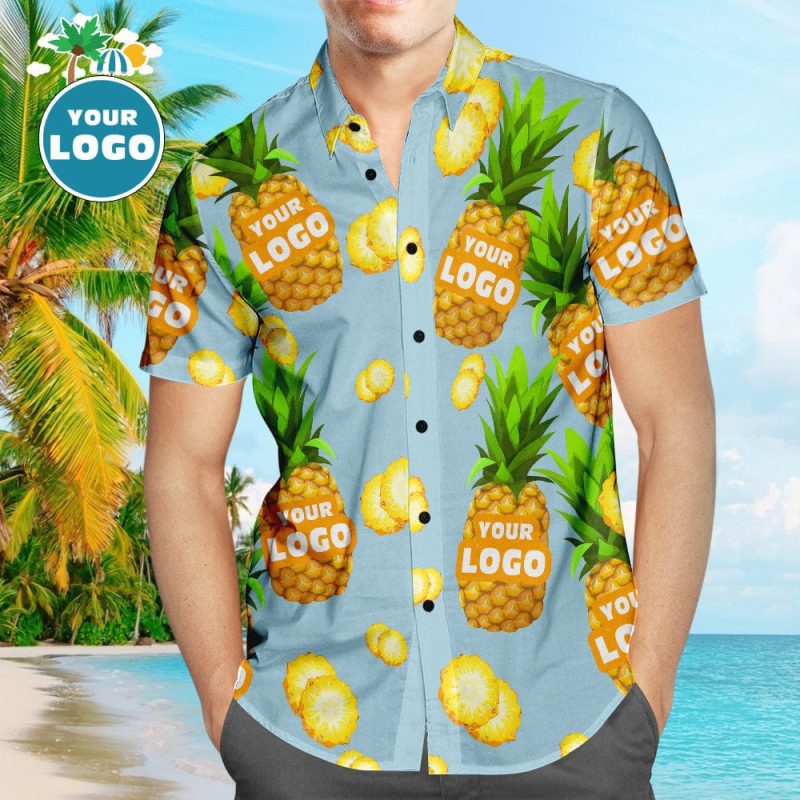 Custom Logo Hawaiian Shirts Blue Funny Pineapple Personalized Aloha Beach Shirt For Men