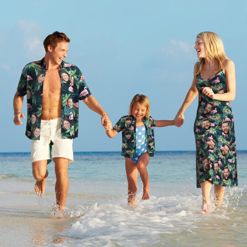 Custom Face Hawaiian Style Flamingo Flower Long Dress And Shirt Family Matching