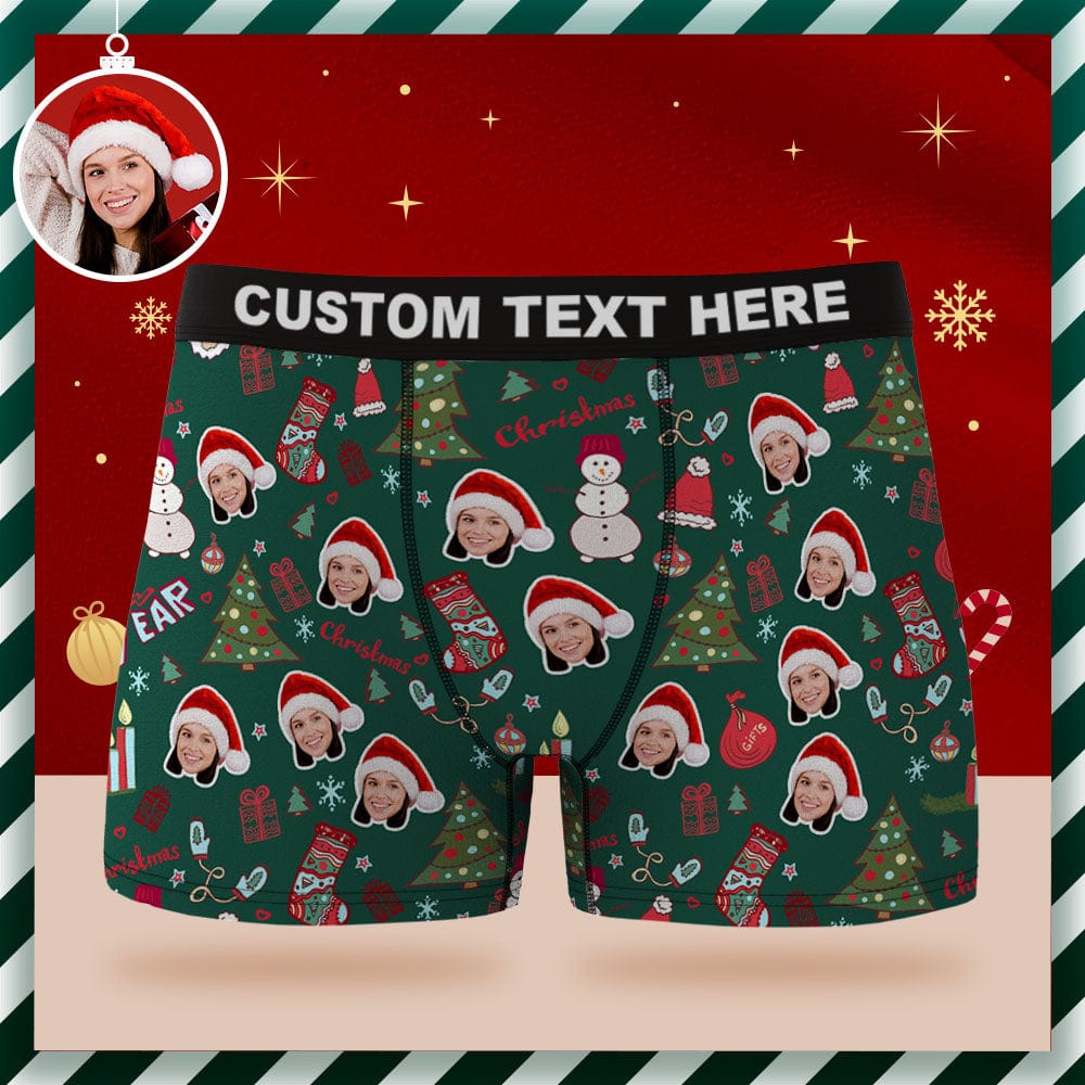 Custom Face Boxer Briefs Personalized Green Underwear Santa Claus Christmas New Year Gift for Him - Image 2