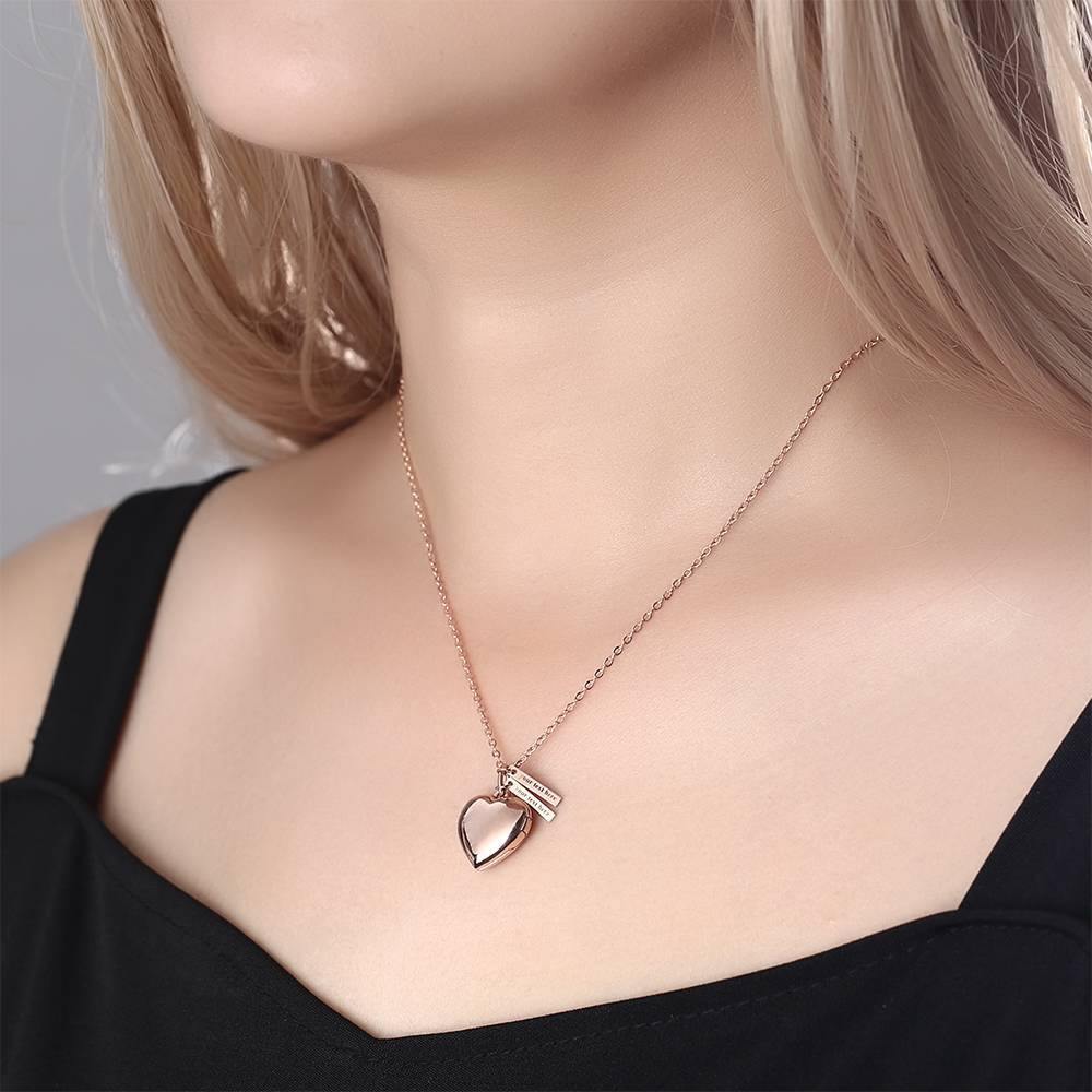 Heart Photo Locket Necklace With Engraving Name Gifts for Her Rose Gold Plated - Image 2