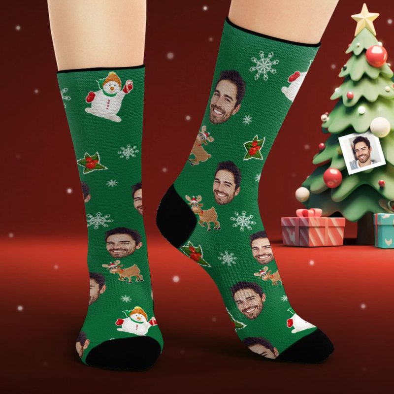 Custom Face Socks Personalized Photo Green Socks Cute Christmas Elements Christmas Gifts
