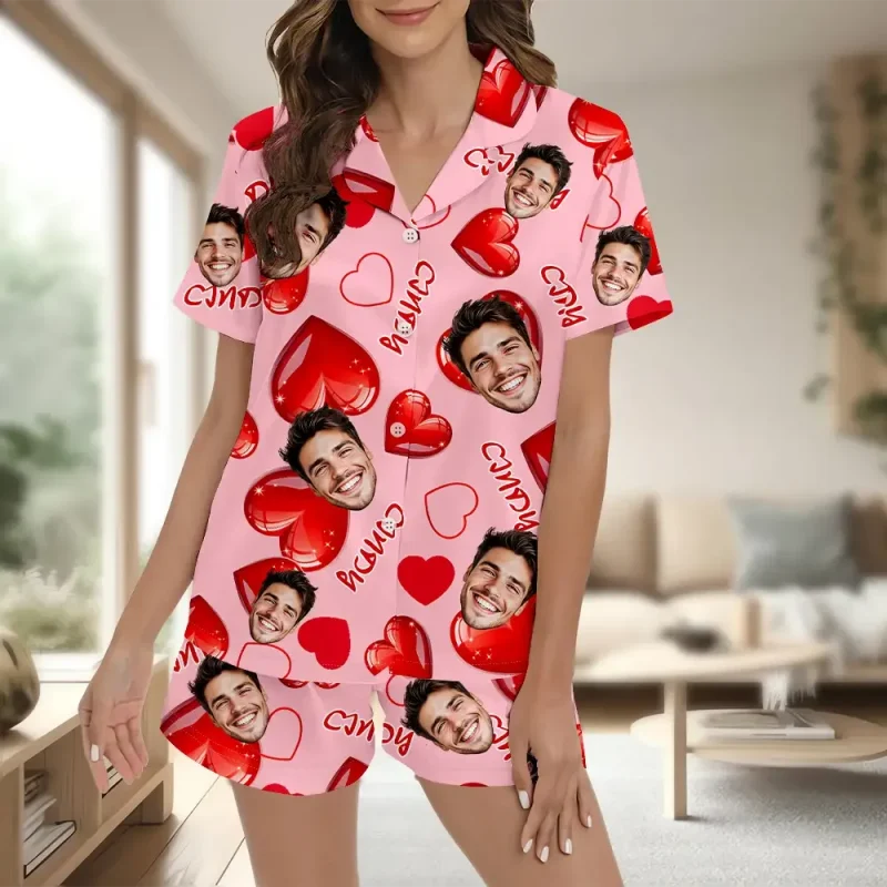 Custom Short Sleeve Pajama Bright Pink Base with 3D Red Hearts and Lips Prints Valentine’s Day Gift for Her