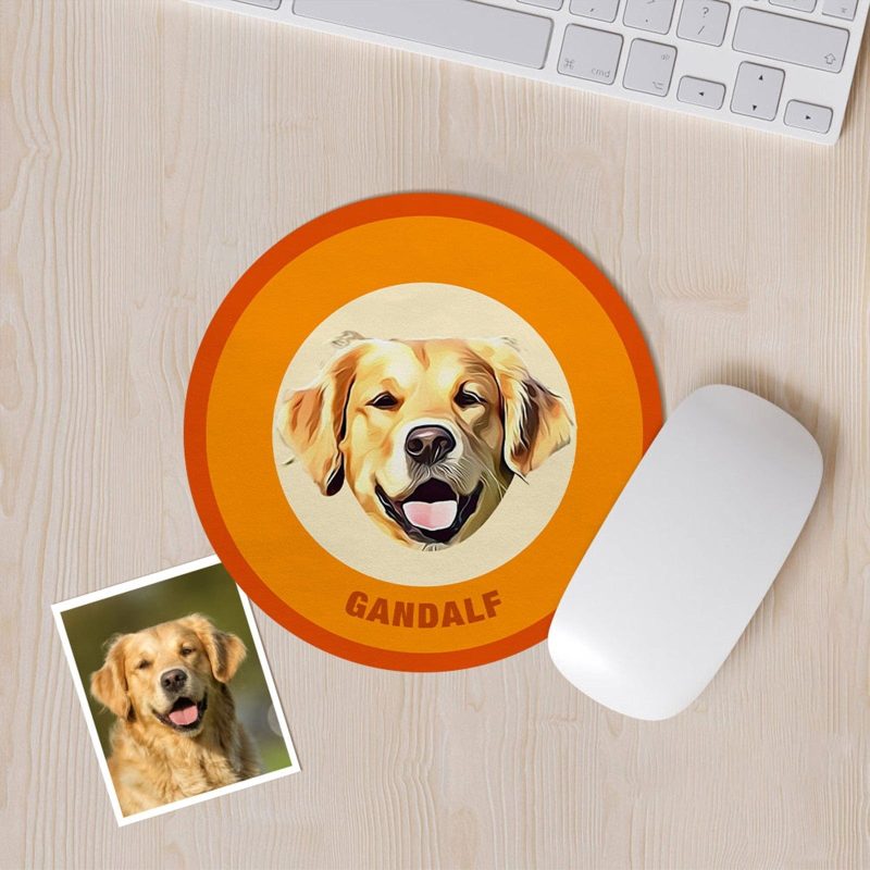 Custom Round Mouse Pad Personalized Pet Face with Name Gift for Pet Lover – Orange