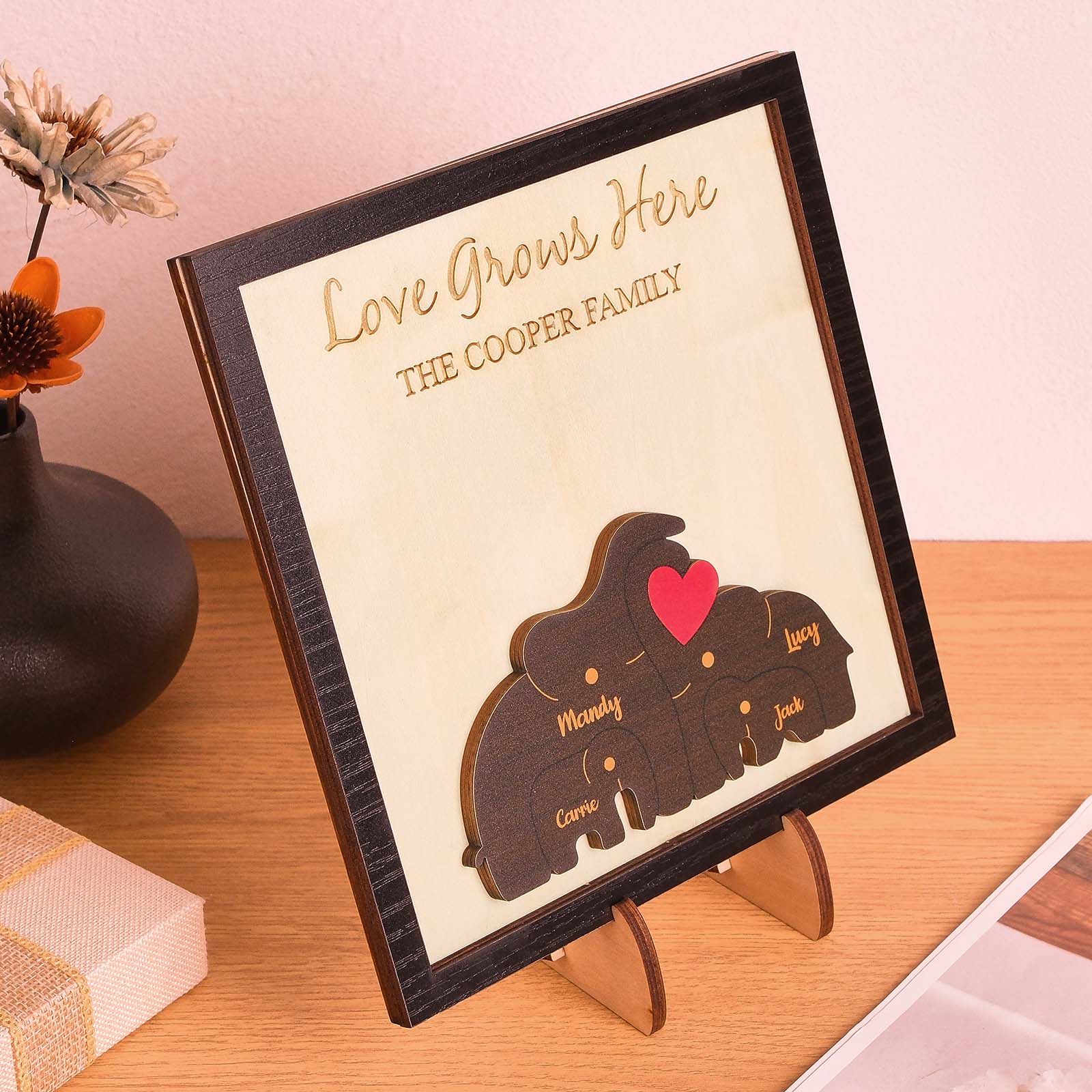 Custom Name Elephant Family Puzzle Wooden Frame Personalized Wooden Home Decorations Mother's Day Gift - Image 2