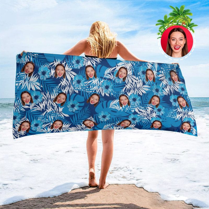 Personalized Beach Towels with Photo Custom Blue Flowers and Leaves Beach Towel