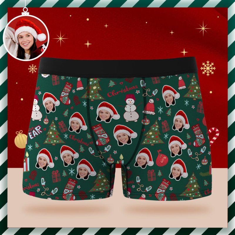 Custom Face Boxer Briefs Personalized Green Underwear Santa Claus Christmas New Year Gift for Him