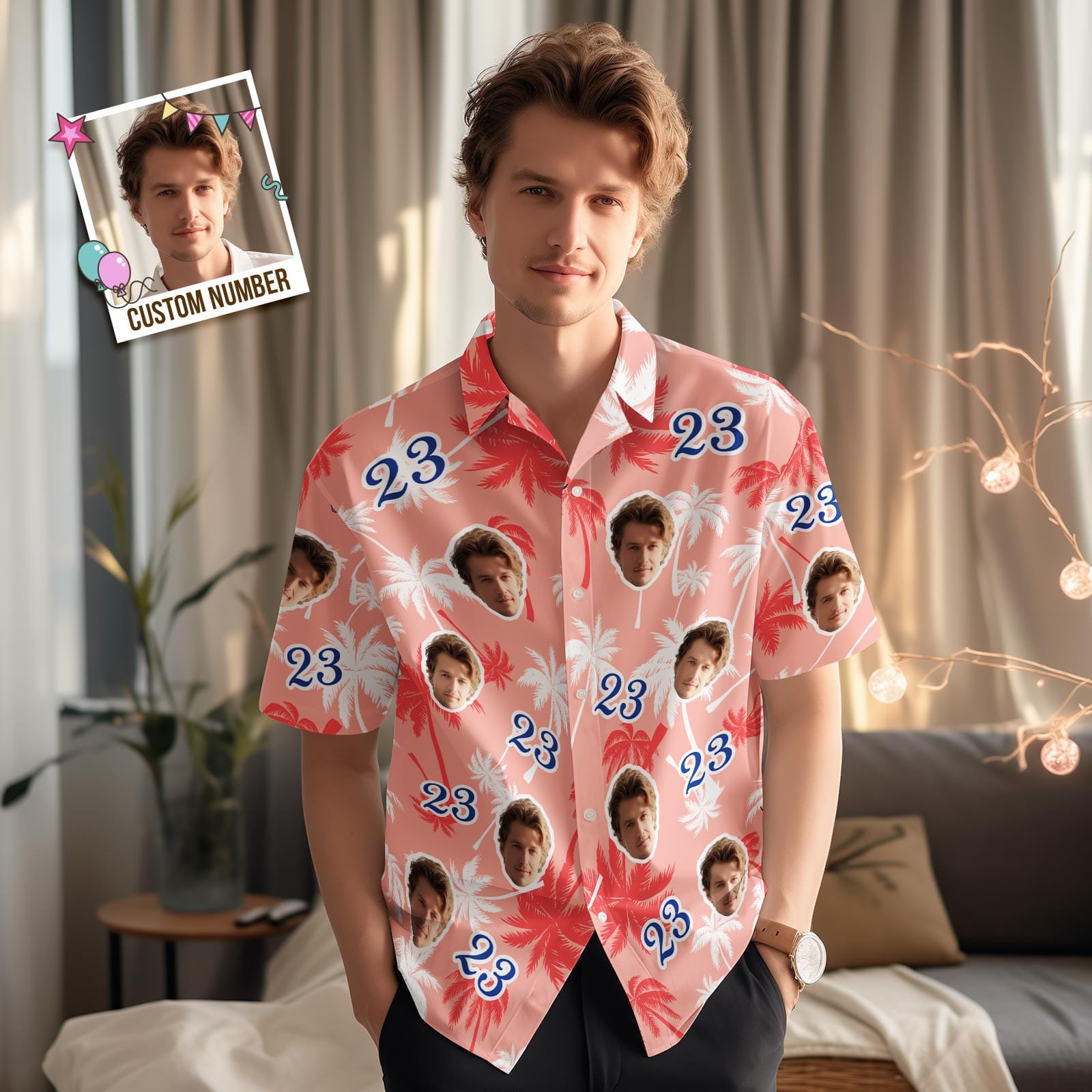 Custom Face And Number Birthday Hawaiian Shirts Red And White Coconut Tree Shirts - Image 2