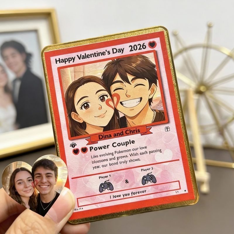 Personalized Valentine’s Day Power Couple Card, Custom Anniversary Card Couple Photo Anime Style, Best Valentine’s Day Gift for Lover